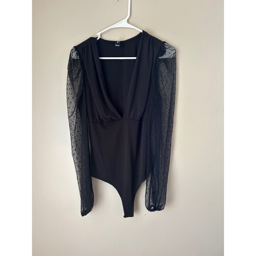 Vintage Y2K Windsor Black Bodysuit Plunge Neck Sheer Polka Dot Sleeve Whimsigoth